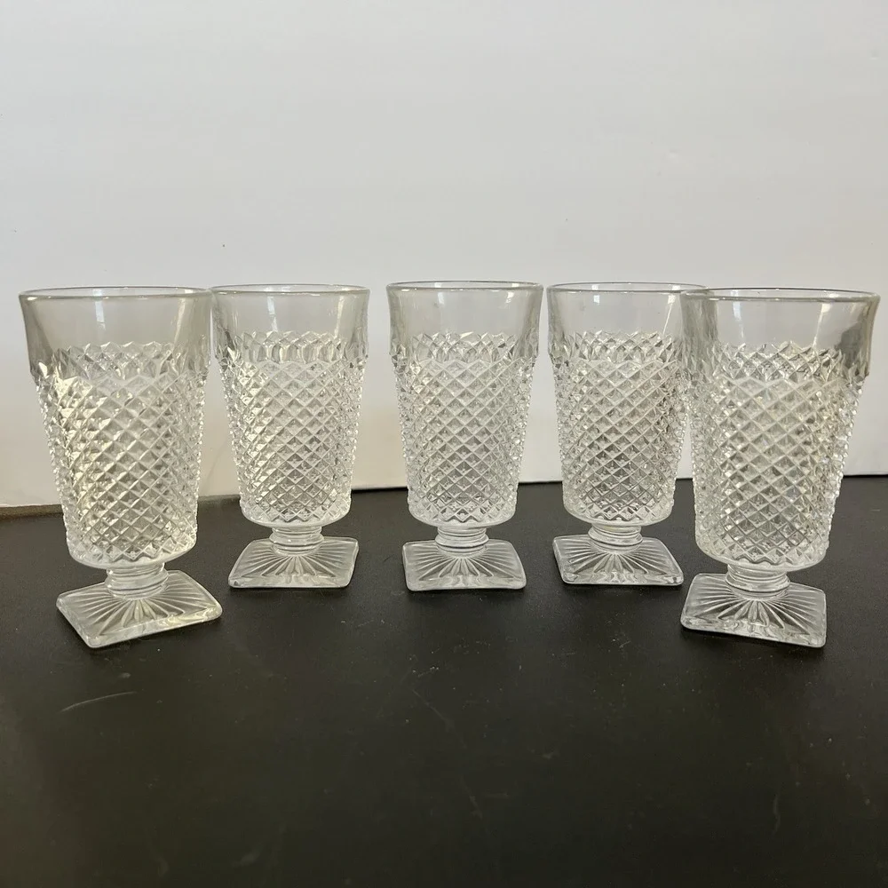 VTG Clear Diamond Point Pressed‎ Glass Footed Juice Glasses Set of 5 Square Base